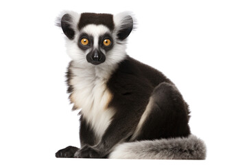 A lemur cat perched on a smooth rock, its tail curled around its body and its eyes alert isolated on white background