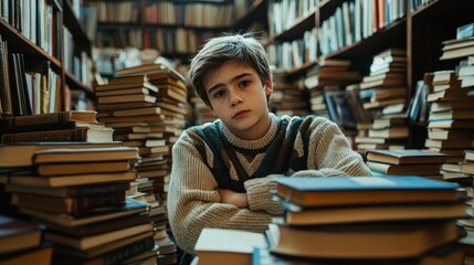 A Boy Surrounded by Books in a Library