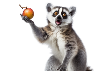 A lemur cat standing on its hind legs, isolated on white background