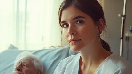 Obraz premium Compassionate Nurse Attending to Elderly Patient with Warm Light
