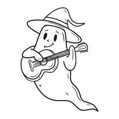 Hand drawn vector cute ghost is playing guitar in witch hat in black isolated on white background. Sketch illustration in doodle engraved vintage line art style. Happy Halloween, symbol, scary