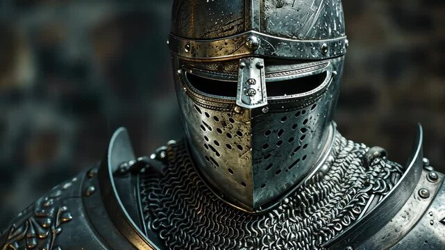 Medieval knight in full armor with helmet, detailed close-up. Historical reenactment and warfare concept