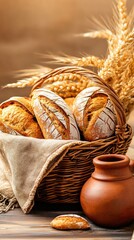A beautifully arranged rustic table showcases traditional Russian items with a basket of freshly baked bread, a pumpkin, and wheat, perfect for autumn gatherings