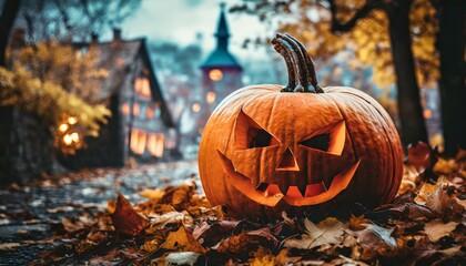 Closeup of a carved pumpkin on the background of a spooky town