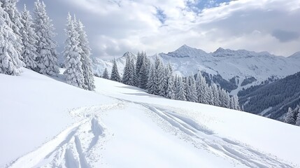 Obraz premium A stunning winter vista featuring heavy snow on a dense pine forest, illuminated by sunlight beneath a cloudy sky from the top of a ski slope