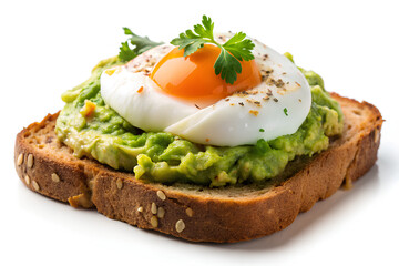 Whole grain toast topped with mashed avocado. breakfast, nutrient-packed and delicious isolated on white background. Clipping path