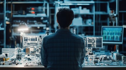 Fototapeta premium Engineer Examining Computer Hardware in High-Tech Lab