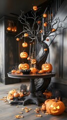 Spooky Halloween Decor with Jack-O-Lantern Tree.