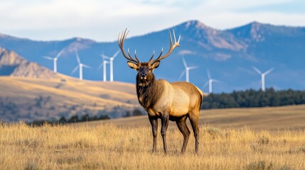 Fototapeta premium An elk with striking antlers stands tall on the highlands of National Park, illuminated by golden hour light and framed by distant mountains and wind turbines