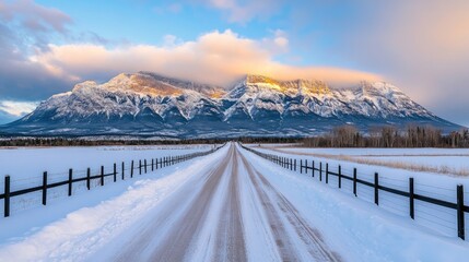 Snow blankets the ground as dusk settles over Park, revealing a winding road leading into a serene winter landscape with majestic mountains