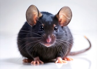 A sleek black mouse sits poised on its hind legs, whiskers twitching, eyes gleaming with curiosity in the dimly lit room.