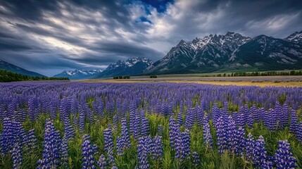 Obraz premium Vibrant bluebonnet and purple Alyssum flowers bloom in front of snow-capped peaks, creating a picturesque landscape against a bright blue sky in Grand Teton National Park