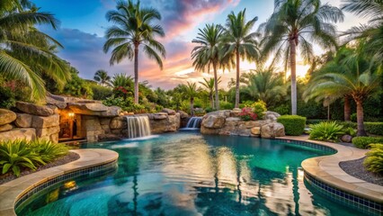 A serene backyard olympic-sized swimming pool features a tranquil waterfall spilling into crystal clear waters surrounded by majestic palm trees swaying gently in the breeze.