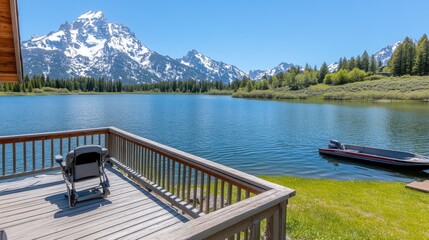 A log cabin overlooks the serene waters of Jackson Lake, framed by majestic mountains, inviting relaxation in summer beauty