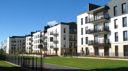 A contemporary family residence features terraces and balconies, surrounded by a lush green lawn, showcasing clear skies and vibrant daylight
