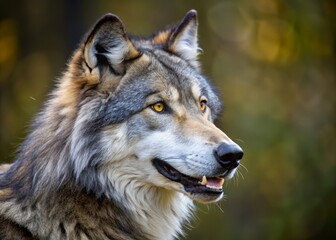 Fototapeta premium a photo image of a majestic gray wolf looking slightly to the right, side profile with sharp teeth and piercing yellow eyes