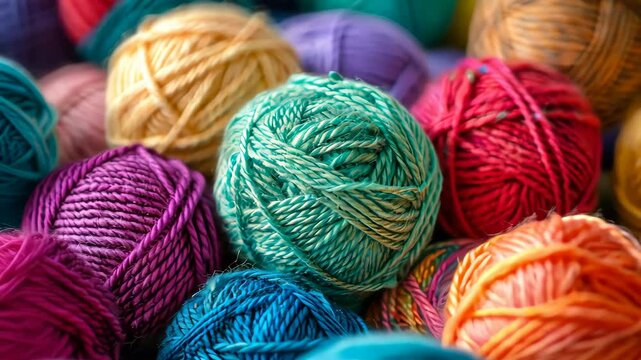 Colorful yarn balls in a pile, close-up view. Craft and knitting concept