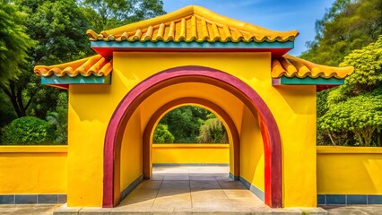 Naklejka premium a photo image of a small yellow archway with a slightly curved roof and three circular colors on top
