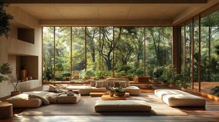 Fototapeta premium Serene living space with large windows and natural greenery.
