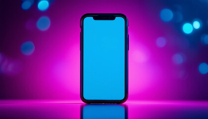 New phone in a case on a neon studio background with a blank white screen for mockup purposes

