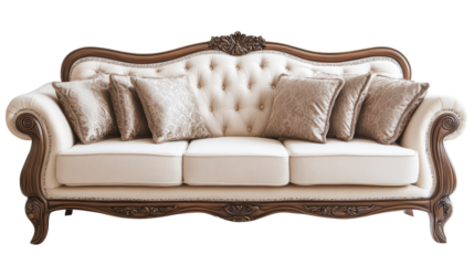 This elegant white sofa with carved wooden frame and tufted cushions exudes a sense of timeless sophistication and comfort, perfect for a classic living room. 