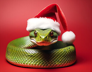  Snake with Santa Hat Against Red Background, Holiday Concept- A green snake wears a Santa h_1(336)