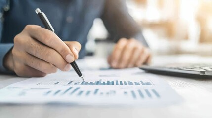 A professional examines graphs and charts, highlighting important data points with a pen while analyzing financial reports.