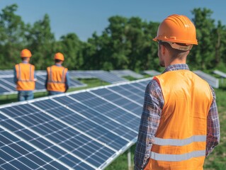 A solar energy technician observes solar panels, showcasing teamwork in renewable energy development.