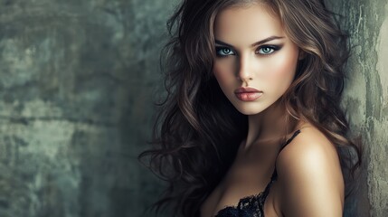 Naklejka premium A woman with deep, expressive eyes stands confidently against a textured wall, highlighting her captivating beauty and passionate demeanor