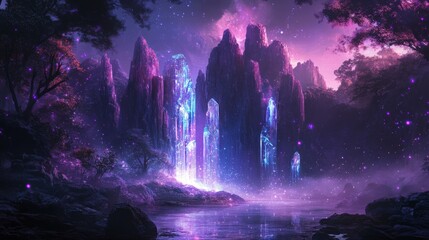 Ethereal Crystal Mountains with Glowing Lights