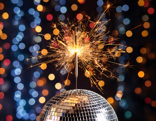  Sparkler on Top of a Disco Ball with Bokeh Background, Festive Celebration Concept- A s_1(341)