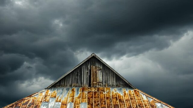 Weathered barn roof under dramatic storm clouds, rustic architecture. Vintage countryside and weather concept