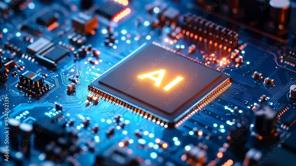 Aufkleber Digital Data moving on Circuit Board and CPU loop backgrounds. Computer Processing and organizing data. Abstract high tech Artificial intelligence, data mining, modern computer technology surface