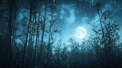 Naklejka premium Silhouetted Bamboo Forest Under a Full Moon and Starry Sky