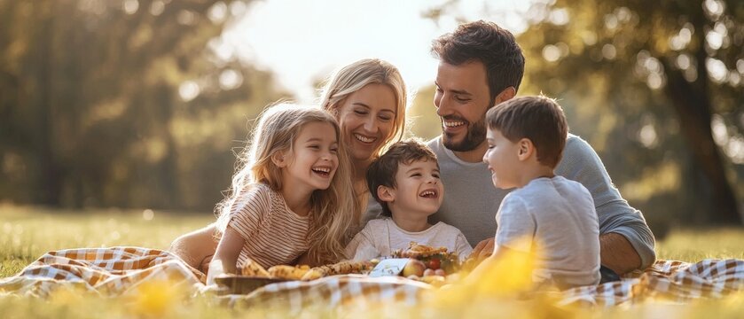 A joyful family enjoying a sunny picnic outdoors, with parents and children laughing together on a checkered blanket in a lush green park.