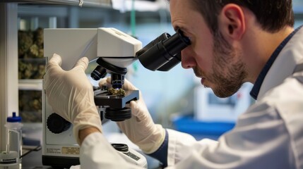 Scientist examining cannabis samples under a microscope in a laboratory, emphasizing research, cannabis, scientific study