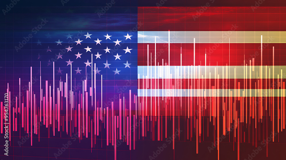 Wall mural USA economic crisis. United states flag for analyzing profit finance business trend data 