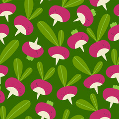 Radish seamless pattern. Fresh pink and green vegetable print for kitchen, menu, food package design. Hand drawn flat vector illustration. Healthy cute organic product.