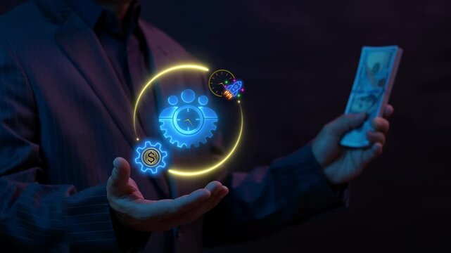 Business efficiency concept, how much a company or organization can produce as it relates to time, cost and quality. Businessman shows glowing neon line of efficiency icon on virtual screen.