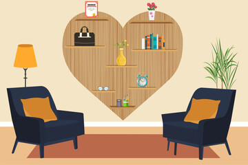 Wooden heart shelf in a beautiful living room with two sofa set. Flat vector illustration.