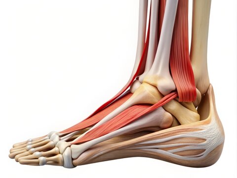 "A photo image of the ankle viewed from the medial aspect, showing the inferior extensor retinaculum attaching to the medial malleolus and synovial sheath."
