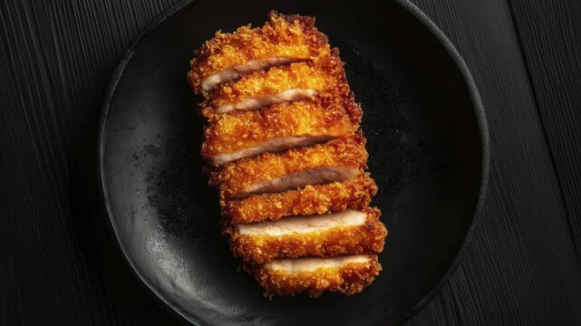 Crispy Tonkatsu Pork Cutlet on Dark Plate Surface