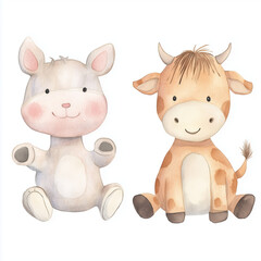 Cute animals , Watercolor, cartoon, clipart on transparent background, Sticker style