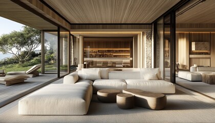 Fototapeta premium Modern, Luxurious Open Living Room with Ocean View, Large Sectional, and Integrated Kitchen