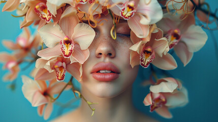 Woman portrait with pink color orchid flowers over her head and on her face. Blue pastel colors. No face concept.