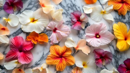 Colorful Flower Petals and Flowers on Marble Surface