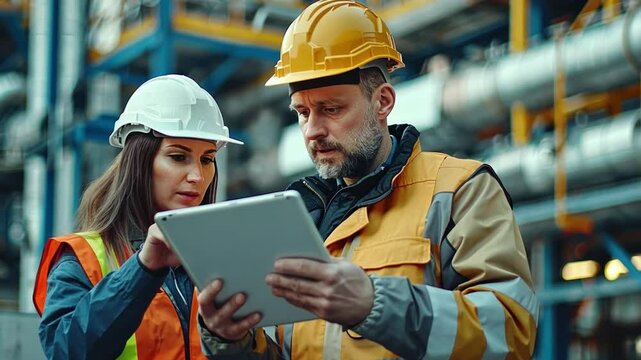 An engineering manager and foreman in safety helmets and reflective vests, using a tablet to discuss project details at a construction site