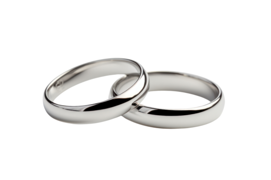 A pair of silver wedding rings with a polished finish, on a white background.