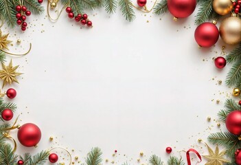 Christmas card  with red & gold christmas decorations on white background. New Year lights