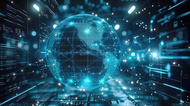 A visually striking and futuristic, a decentralized AI network powered by blockchain. In the center, a glowing, transparent globe represents the global network, with data nodes connected around it.